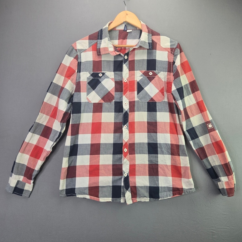 H&M Divided Plaid Button Up Shirt Size M Red Blue White Cotton Roll Tab Sleeve
